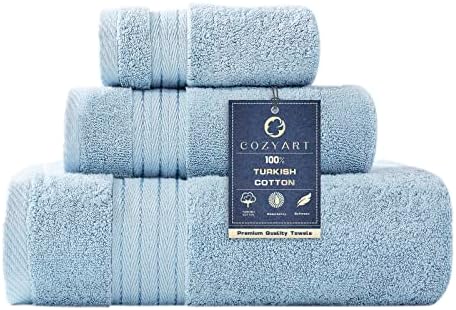 COZYART Luxury Bath Towel Set 3 PCS, Light Blue 100% Turkish Cotton 650 GSM