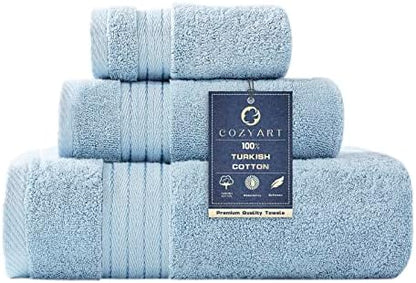 COZYART Luxury Bath Towel Set 3 PCS, Light Blue 100% Turkish Cotton 650 GSM