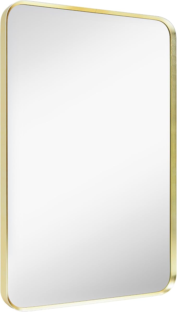 Gold Bathroom Mirror 16x20in, Metal Framed Rounded Rectangle Wall | Tempered Glass, Anti-Rust Frame, Hangs Horizontal or Vertical, HD Reflection Clarity