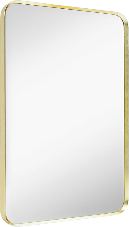 Gold Bathroom Mirror 16x20in, Metal Framed Rounded Rectangle Wall | Tempered Glass, Anti-Rust Frame, Hangs Horizontal or Vertical, HD Reflection Clarity