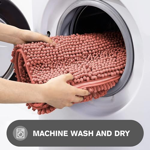 Bathroom Rugs Sets 2 Piece – Absorbent and Washable Bath Mat, Non-Slip, Thick Soft Chenille Bath Rugs for Bathroom Floor, Shower, Sink(17" x 24"+17" x 47", Coral)