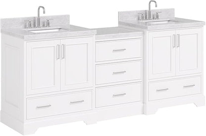 ARIEL Stafford 84-inch Bathroom Vanity with Sink,Solid Wood, 1.5in Italian Carrara Marble Countertop & Backsplash, Double Rectangular Porcelain Sink, 4 Soft Closing Doors, 5 Dovetail Drawers, White