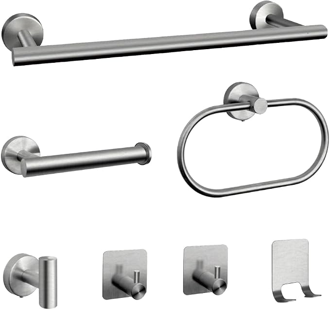 7-Piece Bathroom Accessory Set self-Adhesive Brushed Black Bathroom Hardware, Bath Towel Bar Set, Towel Racks for Bathroom, Wall Mounted Silver