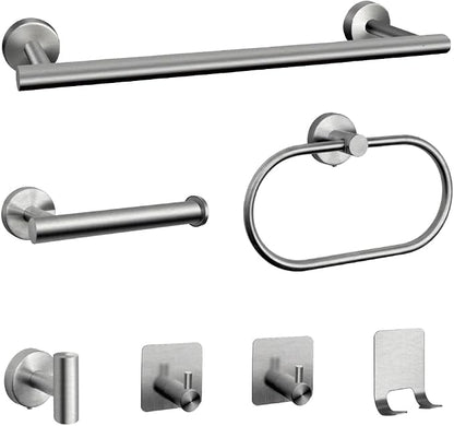 7-Piece Bathroom Accessory Set self-Adhesive Brushed Black Bathroom Hardware, Bath Towel Bar Set, Towel Racks for Bathroom, Wall Mounted Silver