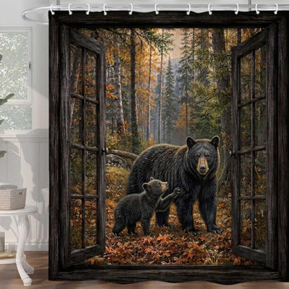 Rustic Bear Shower Curtain, Cabin Forest Window Scene 72x72 inch