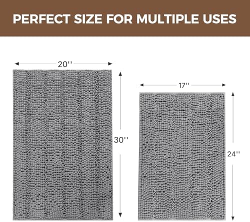 Bcoimo Bath Rug Mat Sets, 2 Piece Extra Soft Chenille Gray Bathroom Mat Set