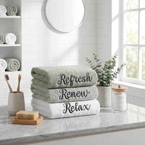 Tiamon 3 Pcs Bathroom Towel Decorative Set 100% Cotton Fluffy Bath Hand Towels for Guest Gifts Farmhouse Kitchen Hand Towels Home(White, Light Green, Dark Green,30 x 13 Inch,Relax Renew Refresh)