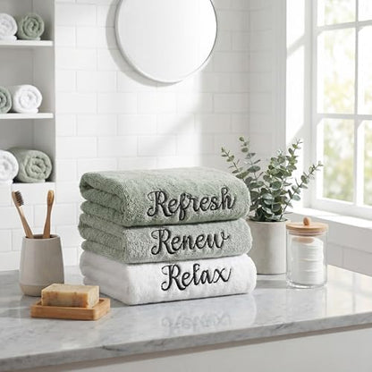 Tiamon 3 Pcs Bathroom Towel Decorative Set 100% Cotton Fluffy Bath Hand Towels for Guest Gifts Farmhouse Kitchen Hand Towels Home(White, Light Green, Dark Green,30 x 13 Inch,Relax Renew Refresh)