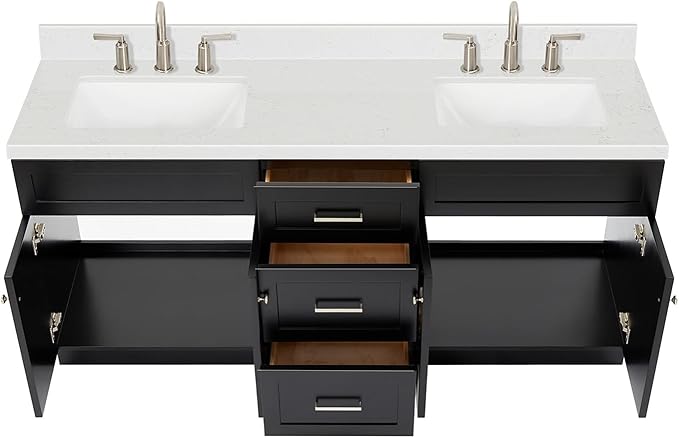 ARIEL Hamlet 72-inch Bathroom Vanity with Sink,Solid Wood, 1.5-inch Carrara White Quartz Countertop & Backsplash, Double Rectangular Porcelain Sink, 4 Soft Closing Doors, 3 Dovetail Drawers, Black