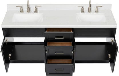 ARIEL Hamlet 72-inch Bathroom Vanity with Sink,Solid Wood, 1.5-inch Carrara White Quartz Countertop & Backsplash, Double Rectangular Porcelain Sink, 4 Soft Closing Doors, 3 Dovetail Drawers, Black