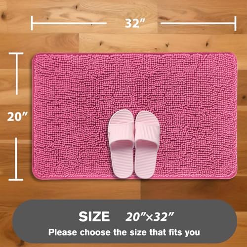 Hot Pink Bathroom Rugs – Absorbent and Washable Bath Mat, Non-Slip, Thick Soft Chenille Bath Rugs for Bathroom Floor, Shower, Sink - 20" x 32"