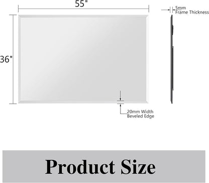 Frameless Bathroom Mirror, 55" x 36" Beveled Wall Mirror | 5mm HD glass, 20mm beveled edge, frameless, anti-rust, shatterproof, french cleat, horizontally or vertically