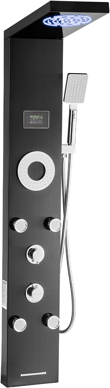 VEVOR Shower Panel Tower System with Rainfall Shower Head, LED, 53 in Brushed Stainless Steel Shower Column, 6-Function Faucet, Wall-Mount Rain Massage System with 5 Body Jets, Handheld, Tub Spout