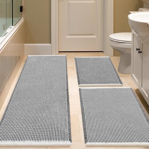 IM HOME Waffle Bath Mat Set 3 Piece Darkgrey & Cream,Woven Modern Bath Rug Mats, Absorbent Non Slip Bath Floor Mat, Soft Washable Boho Bath Rugs with Tassels for Bathroom, Bedroom, Kitchen, Tub