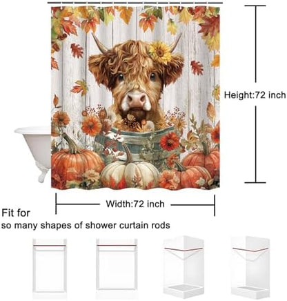 Fall Highland Cow Shower Curtain, Funny Autumn Pumpkin Farmhouse Thanksgiving Bathroom Decor, 72 x 72 Inch Polyester Fabric Waterproof Bathroom Curtain with 12 Hooks