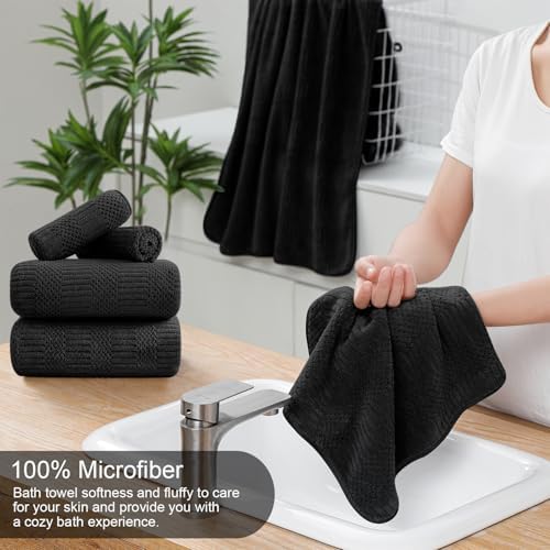 8 Piece Bath Towel Set-2 Oversized Bath Sheets(35"x70"),2 Hand Towels,4 Washcloths-Extra Large Microfiber Towel Sets,Less Lint Highly Absorbent & Quick Dry Bath Towels for Bathroom Gym Pool,Black