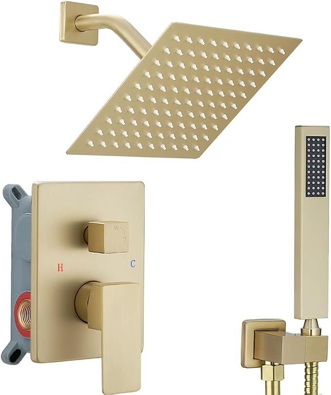 Brushed Gold Shower System 8 Inch Bathroom Luxury Rain Mixer Shower Combo Set Wall Mounted Rainfall Shower Head and Handheld System Shower Faucet Set Rough-in Valve Body and Trim Included