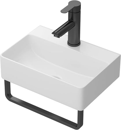 Floating Bathroom Sink Wall Mounted - 14"x10" Rectangular Vessel Sink With Black Faucet & Drain Combo Small Modern White Ceramic Porcelain Vessel Vanity Sinks