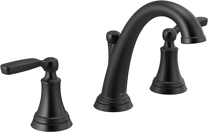 Delta Woodhurst Matte Black Bathroom Faucet 3 Hole, 8 Inch Widespread Bathroom Sink Faucet for Vanity, Metal Push-Pop Drain Assembly, Matte Black 3532LF-BLMPU