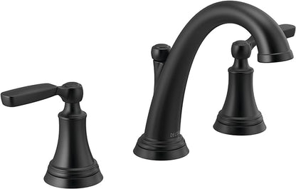 Delta Woodhurst Matte Black Bathroom Faucet 3 Hole, 8 Inch Widespread Bathroom Sink Faucet for Vanity, Metal Push-Pop Drain Assembly, Matte Black 3532LF-BLMPU
