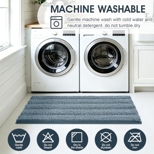 SmileYes Striped Haze Blue Bathroom Rug Set 3 Pieces Ultra Soft, Non Slip Chenille Bath Carpet, Absorbent Plush Shaggy Bath Mats for Bathroom, Bedroom, Stone Blue