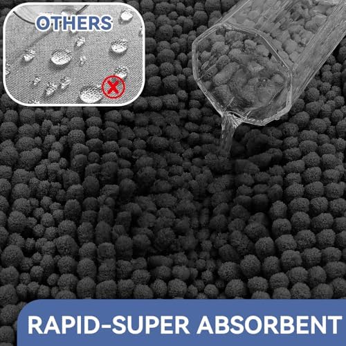 Bcoimo Bath Rug Mat,36x24 Chenille Non Slip Black Bathroom Floor Shower Mat