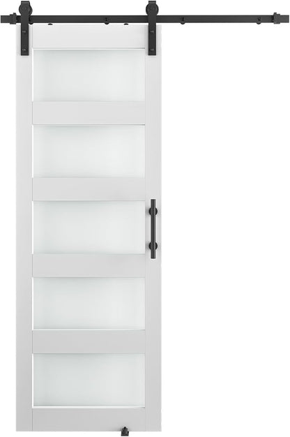 30'' x 84'' Glass Barn Door and 5Ft Hardware Kit Included, White | MDF White Barn Door Slab with Frosted Glass, PVC Surface, Combined with Handle and Floor Guide-Assembly Required