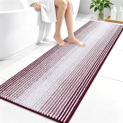 OLANLY Bathroom Runner Rugs 59x20, Chenille Striped Bath Rugs, Burgundy