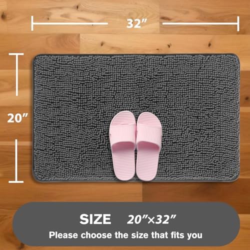 Gray Bathroom Rugs – Absorbent and Washable Bath Mat, Non-Slip, Thick Soft Chenille Bath Rugs for Bathroom Floor, Shower, Sink - 20" x 32"