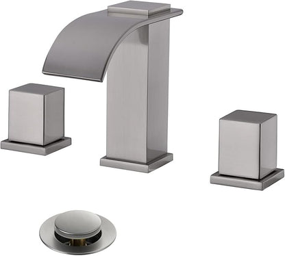 Luxury Brass Widespread Waterfall Bathroom Sink Faucets for 3 Hole 2-Handle 8 Inch Deck Vanity Faucet, &Stainless Steel Pop-up Drain Assembly, Brushed Nickel