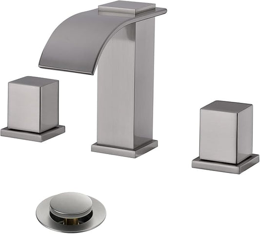 Luxury Brass Widespread Waterfall Bathroom Sink Faucets for 3 Hole 2-Handle 8 Inch Deck Vanity Faucet, &Stainless Steel Pop-up Drain Assembly, Brushed Nickel