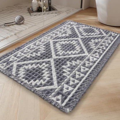 PADOOR Bath Mat-Super Absorbent Bath Mats for Bathroom, Machine Washable Non Slip Bathroom Rug with Tassels, Soft Bathroom Mat for Laundry Room, Bedroom, Grey & Cream 17"x28"