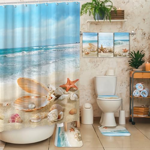 FuWeave 8 Pcs Coastal Shower Curtain Set Ocean Beach Bathroom Decor