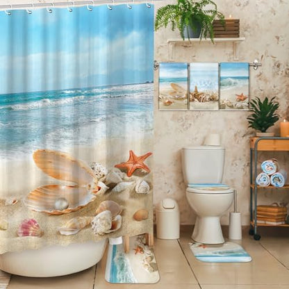 FuWeave 8 Pcs Coastal Shower Curtain Set Ocean Beach Bathroom Decor