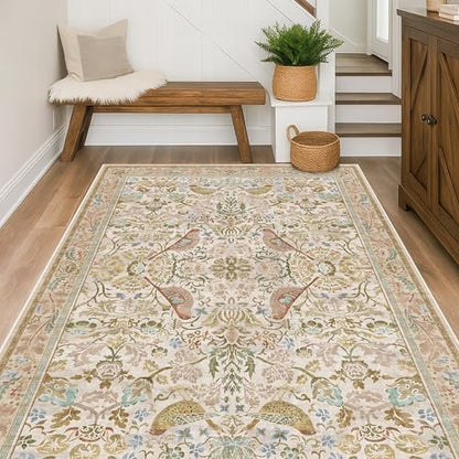 Hazo Haus Washable Area Rugs 5x7 for Living Room - Boho Cottagecore Earthy Rugs for Bedroom, Dining Room, Office with Vintage Beige Taupe Botanical & Bird Pattern, Non Slip Stain Resistant Low Pile