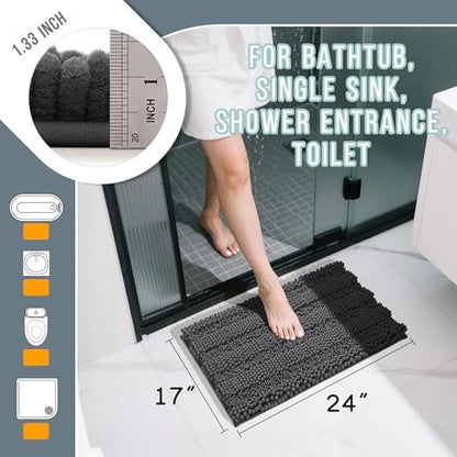 Yimobra Bathroom Rug Mat, Non Slip and Super Absorbent Bath Mat, Machine Washable Quick Dry, Ultra Plush Chenille Shower Rugs for Bathroom Floor Sink Tub and Shower Outside, Dark Gray, 24 x 17