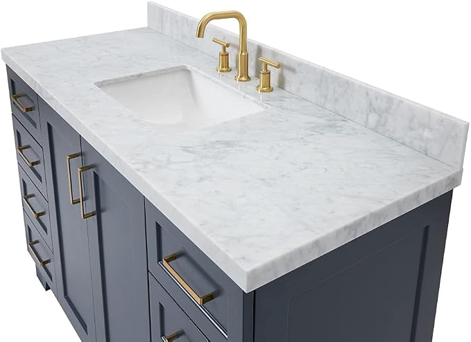 DKB Emilia 54" Midnight Blue Bathroom Vanity with Sink, 1.5" Edge Italian Carrara Marble Countertop, Rectangular Undermount Sink, 2 Soft-Closing Doors, 9 Dovetail Drawers