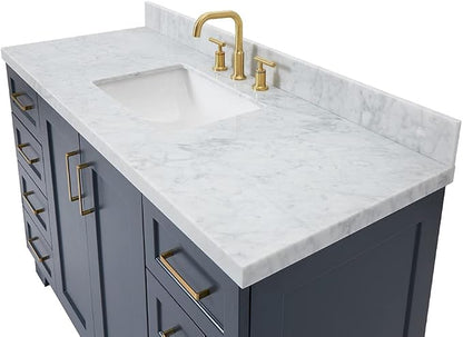 DKB Emilia 54" Midnight Blue Bathroom Vanity with Sink, 1.5" Edge Italian Carrara Marble Countertop, Rectangular Undermount Sink, 2 Soft-Closing Doors, 9 Dovetail Drawers