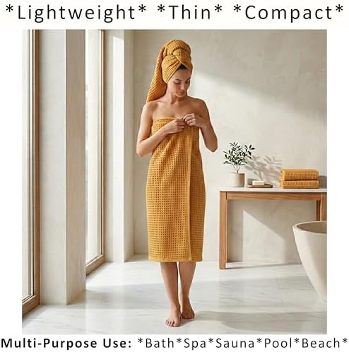 PÜSKÜL Natural 100% Turkish Cotton Waffle Towels Set of 4-Piece, Mustard Y.