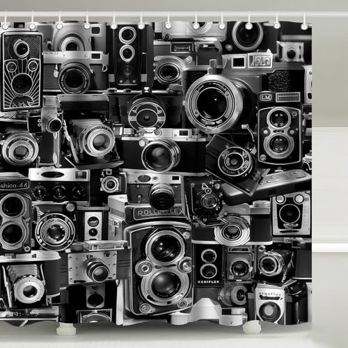 Vintage Old Camera Black White Grey Shower Curtain with Hooks 72 x 72 Inch
