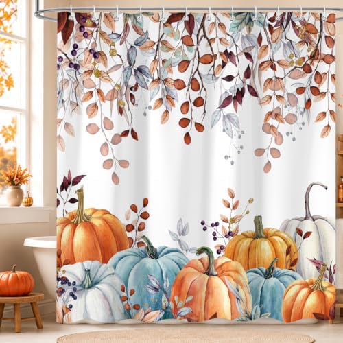 Fall Shower Curtains for Bathroom, Thanksgiving Pumpkins Autumn Leaves Shower Curtain Set with Hooks, Blue Orange Waterproof Fabric Fall Bathroom Decor Accessories, 72 x 72 Inch