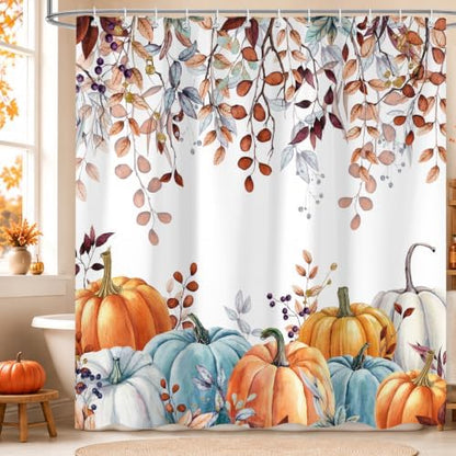 Fall Shower Curtains for Bathroom, Thanksgiving Pumpkins Autumn Leaves Shower Curtain Set with Hooks, Blue Orange Waterproof Fabric Fall Bathroom Decor Accessories, 72 x 72 Inch