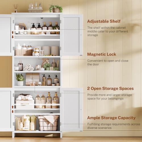 TEENFON 66.9" H Tall Bathroom Storage Cabinet with 4 Doors & 2 Open Shelves
