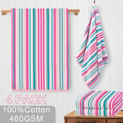 VOOVA & MOVAS Striped Bath Towels 4 Pack, 100% Cotton, 28x52 in, Pink Teal