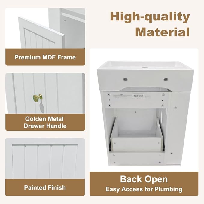 20" Floating Small Bathroom Vanity with Sink, Wall Mounted Vanity for Compact Bathrooms, Space-Saving Narrow Bathroom Vanities with Soft-Close Drawer Open Shelf Towel Bar (White,20" Floating Drawer)
