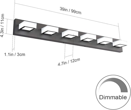 Ralbay 6 Lights LED Modern Dimmable Matte Black Vanity Light Acrylic Modern Vanity Wall Light Over Mirror Dimmable Bathroom Vanity Lighting Fixtures 6000K Cool White Light