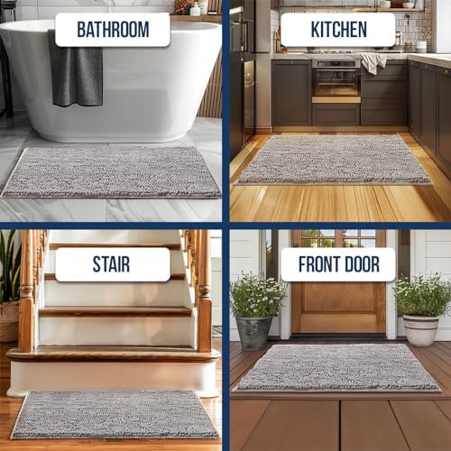 Muddy Mat® | Chenille Bathroom Rugs Quick Dry Microfiber Mats Non Slip Washable, Extra Thick, Soft and Highly Absorbent Bath Mats for Bathroom, Kitchen, and Shower Floor - Grey 35"x59"