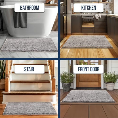Muddy Mat® | Chenille Bathroom Rugs Quick Dry Microfiber Mats Non Slip Washable, Extra Thick, Soft and Highly Absorbent Bath Mats for Bathroom, Kitchen, and Shower Floor - Grey 24"x35"