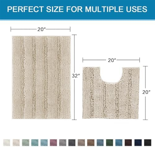 H.VERSAILTEX Bathroom Rug Sets 2 Piece Bath Mats Non Slip Thick Soft Chenille Striped Bath Rug achine Washable Shower Floor Rugs for Tub, Shower and Floor (Fog, 20"x32" Plus 20"x20" U)