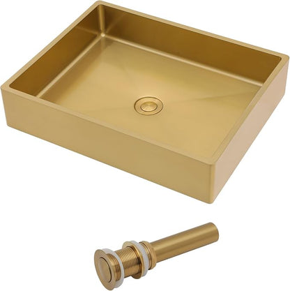 Dcolora 19 In. Gold Drop In Bathroom Vessel Sink, 16 Gauge Stainless Steel, Rectangle Design with Drain Assembly, 15"D x 19"W x 4"H #DC-VS261204